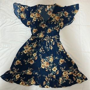 Xhilaration Floral Blue/Yellow Mini Dress With Tie Waist